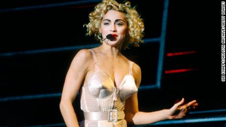 Blonde Ambition Tour, Madonna, Feyenoord Stadion, De Kuip, Rotterdam, Holland, 24/07/1990. She is wearing a Jean Paul Gaultier conical bra corset. (Photo by Gie Knaeps/Getty Images)